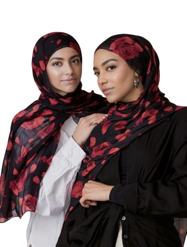 Ramadan Hijab met Bloemenpatroon 80x180 cm van Polyester in Zwart-Rood voor Feestelijke en Dagelijkse Dracht 1