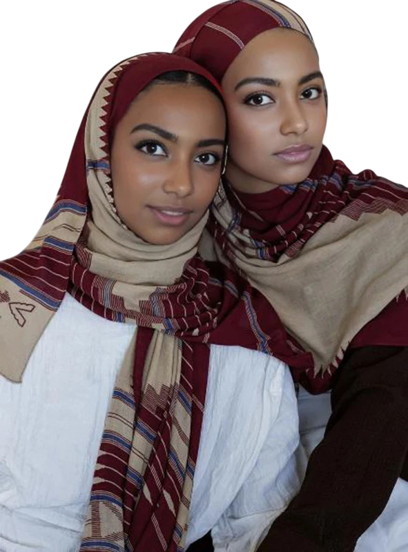 Ramadan Hijab met gestreept patroon 80x180 cm van polyester in beige-wijnkleur voor dagelijks en feestelijk gebruik 1