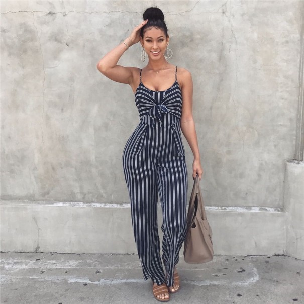 Randig jumpsuit för kvinnor med rosett blå M