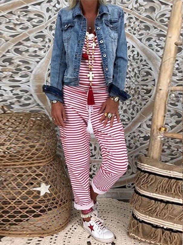 Randig jumpsuit för kvinnor rosa M