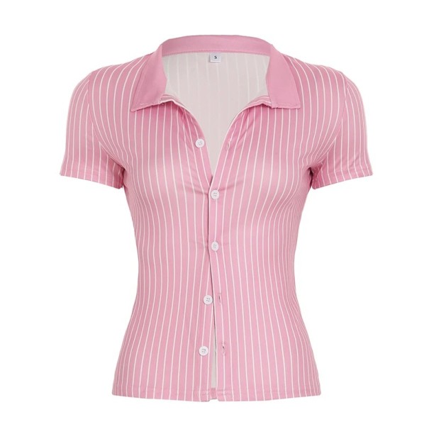 Randig kortärmad damskjorta Elegant cropblus med knappar Snygg, åtsittande sommarskjorta Avslappnad topp i midjan rosa S