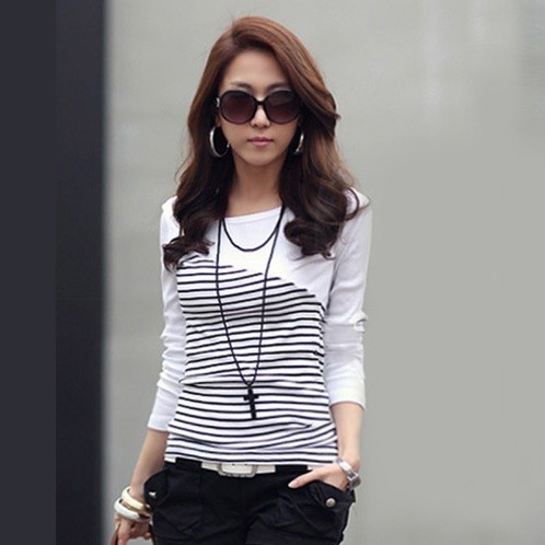 Randig T-shirt dam J1144 vit L