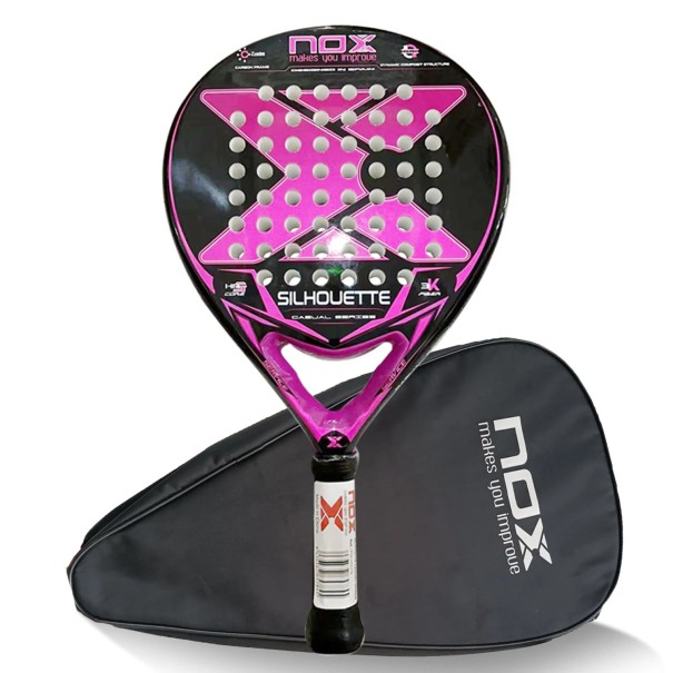 Raqueta de Padel NOX Silhouette con bolsa de transporte mango de fibra de carbono marco de carbono 3K fibra Rosa y negra para juego recreativo 1