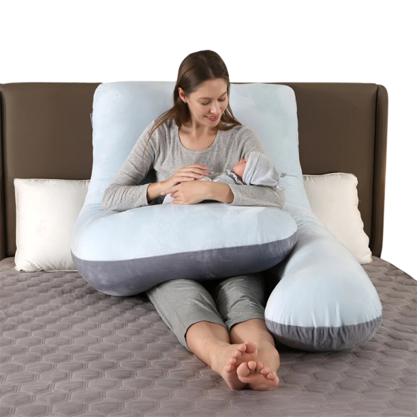 Raskaustyyny 130 × 70 × 18 cm U-muotoinen pitkittäinen kokovartalon ergonominen imetystyyny mukava hengittävä pestävä vetoketjullinen päällinen vaaleansininen