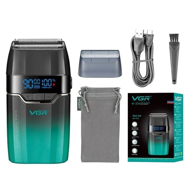 Rasoir à grille Double grille Écran LCD 9000 RPM Autonomie 150 minutes USB Noir-turquoise Rasage du visage et de la tête de manière lisse 1