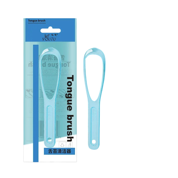 Raspador de lengua de acero inoxidable con gran ojal Diseño pastel Limpiador de lengua ergonómico para eliminar la placa de bacterias y promover un aliento fresco azul