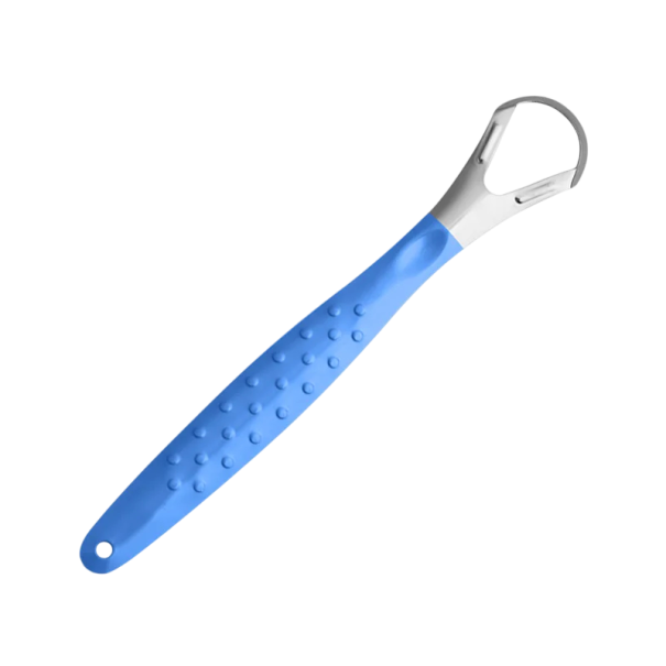 Raspador de língua em aço inoxidável com argola de 2,5 cm Cabo colorido antiderrapante Limpeza higiénica da língua para remoção de resíduos e bactérias azul