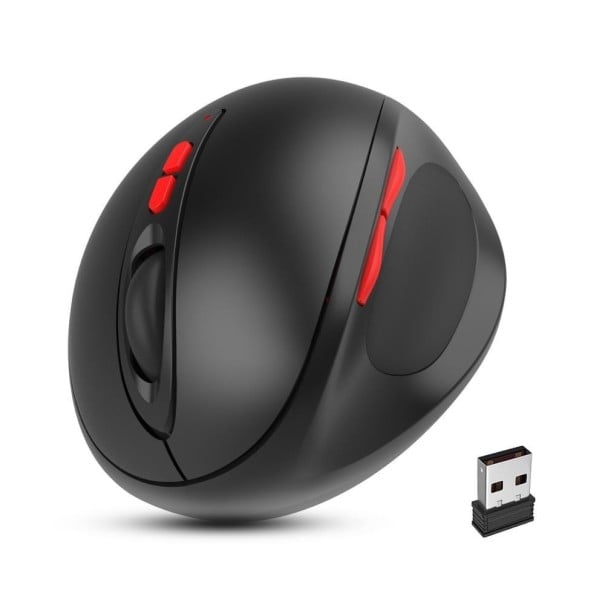Rato ergonómico vertical sem fios para a mão direita Resolução 2400 DPI Sete botões Receptor USB 2,4 GHz Preto com detalhes em vermelho 1