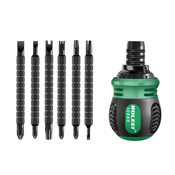 Ratschen-Schraubendreher 8,5 cm mit 6 beidseitigen Bits Präzises Handwerkzeug Kompakter universeller Schraubendreher für Schrauben und Reparaturen 1