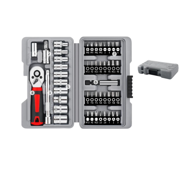 Ratschen- und Bit-Set Apollo 47 Teile 1/4" (6,35 mm) mit Schnellverschluss aus Chrom-Vanadium-Stahl grau-rot für Auto-Reparaturen