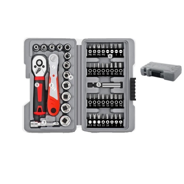 Ratschen- und Bit-Set Apollo 48 Stück 1/4" (6,35 mm) mit Schnellverschluss aus Chrom-Vanadium-Stahl grau-rot für Autoreparaturen