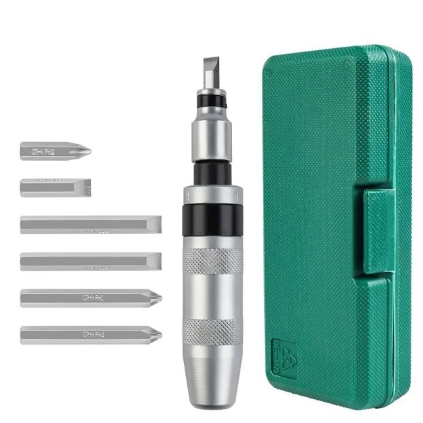 Rázový šroubovák ruční sada 7 ks oboustranné bity přenosné kovové provedení zelené pouzdro pro povolování šroubů a opravy 1