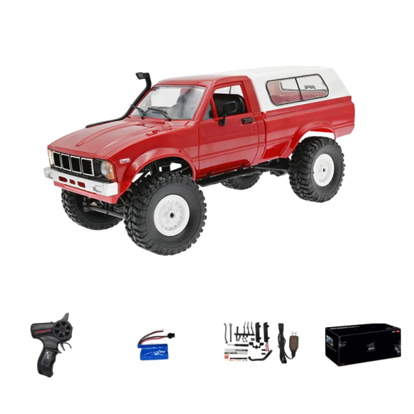 RC auto WPL C24-1 1:16 4WD 2.4G Offroad Rock Crawler LED světla 35 m dosah 7,4V 500mAh USB nabíjení Terénní vůz pro děti i dospělé červená