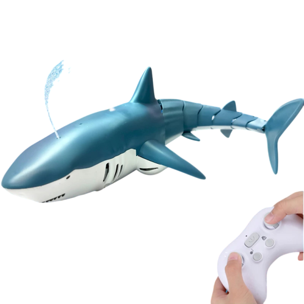 RC žralok 35×14×10 cm Dálkově ovládaná ryba do vody 2 rychlosti 360° rotace Vodotěsná gumová izolace Stříká vodu Realistický pohyb modrá