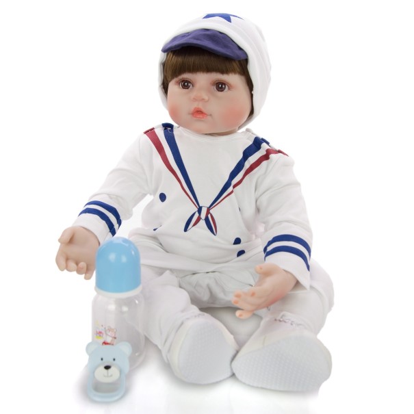 Realistická bábika chlapček 60 cm Reborn bábätko s hnedými vláskami a hnedými očami Námornícke oblečenie s čiapkou Fľaša a cumlík v balení 1