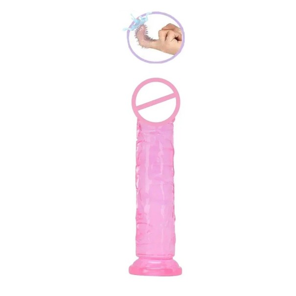 Realistinen dildo 16x3 cm, jossa on selkeät suonet ja imukuppi + sormiholkki ulkonevilla ulokkeilla vaginaaliseen ja anaaliseen nautintoon, huomaamaton pakkaus vaaleanpunainen