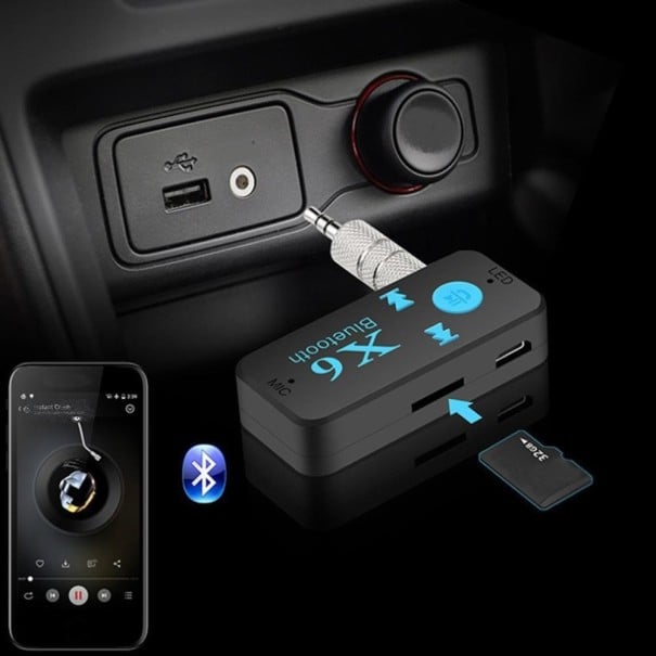 Receptor de audio Bluetooth para coche 3 en 1 Llamadas manos libres y reproducción de música desde tarjeta de memoria Adaptador AUX con conector 1