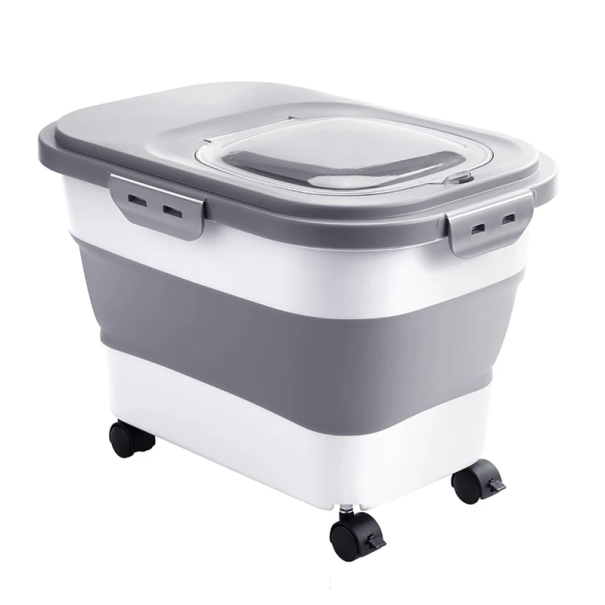 Recipient pliabil pentru hrană cu roți 42 cm Înălțime ajustabilă 14–30,5 cm Recipient de mare capacitate din PP cu capac transparent pentru granule 1