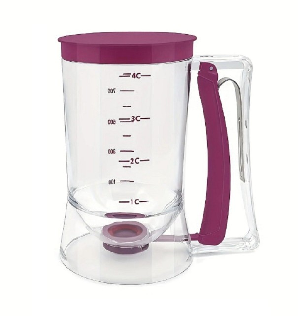 Recipiente para masa de panqueques morado de 900 ml Embudo de plástico para verter fácilmente la masa en los moldes Dispensador de masa para verter de plástico antiadherente 18 x 11 cm 1