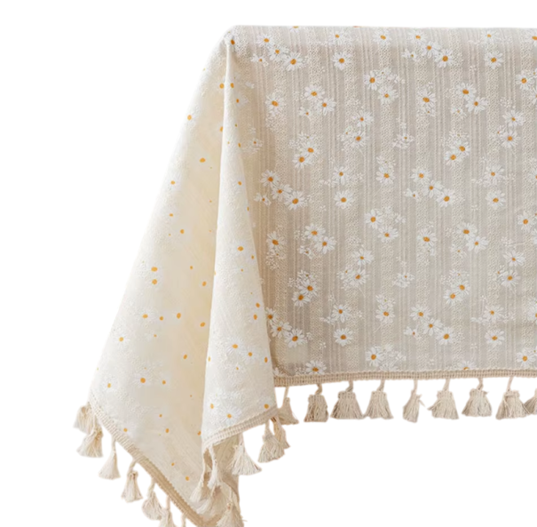 Rectangular Cotton Tablecloth with Daisies 140 × 140 cm Creamy White Floral Tablecloth with Fringes Decorative Tablecloth for Tea Table in Kitchen 1