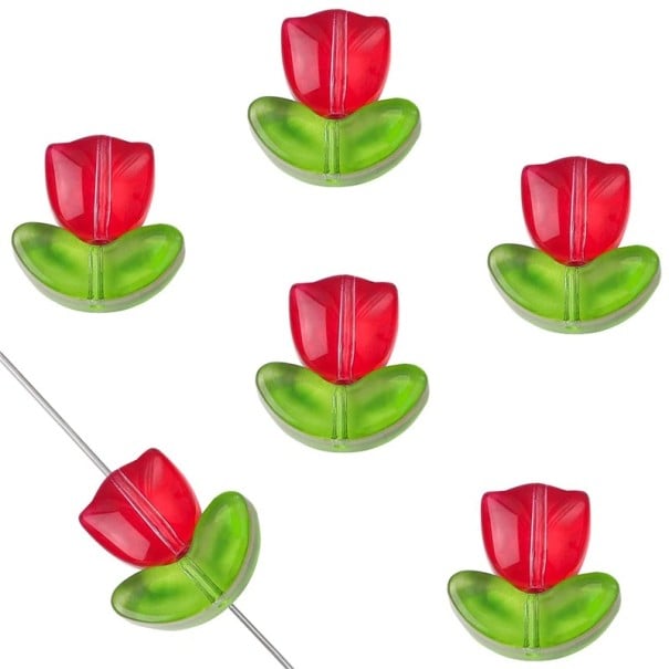 Ręcznie robione szklane koraliki 9 x 9 x 0,8 mm / 7 x 14 x 0,8 mm 10 sztuk Wzór kwiatowy tulipana Koraliki dekoracyjne do tworzenia czerwony