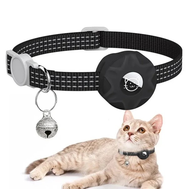 Reflexiver Katzenhalsband mit Halterung für AirTag Sicherheits-Halsband mit Glöckchen Verstellbares Halsband gegen Verlust von Haustieren schwarz