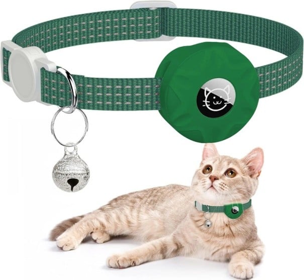 Reflexivt kattband med hållare för AirTag Säkerhetsband med bjällra Justerbart band mot förlust av husdjur mörkgrön
