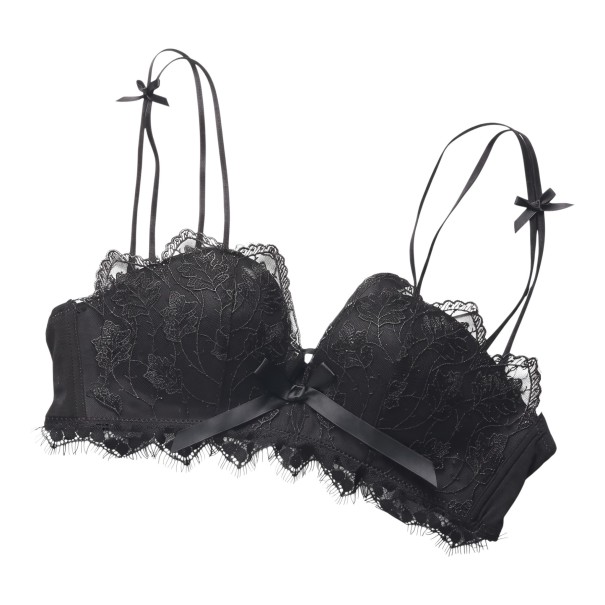 Reggiseno in pizzo da donna con ricamo floreale e fiocco in satin al centro con spalline doppie e fiocchetti con bordo ondulato nero 85B