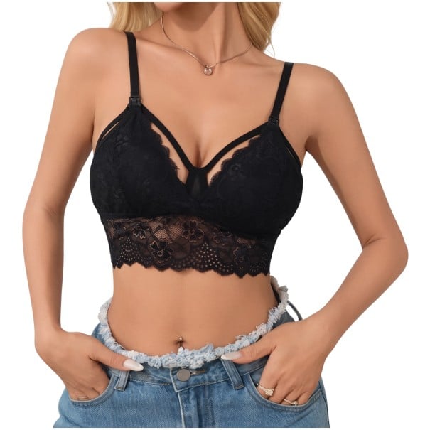 Reggiseno in pizzo per donne in gravidanza e in allattamento con ganci sulle spalline e nastri decorativi nel décolleté e ampio bordo nero M