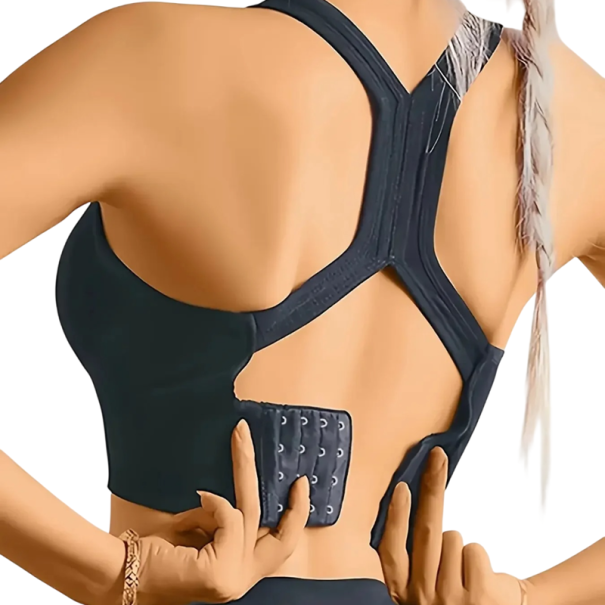 Reggiseno sportivo da donna con spalline incrociate e ampia fascia inferiore in nylon senza ferretto per uso quotidiano e attività leggere nero XS