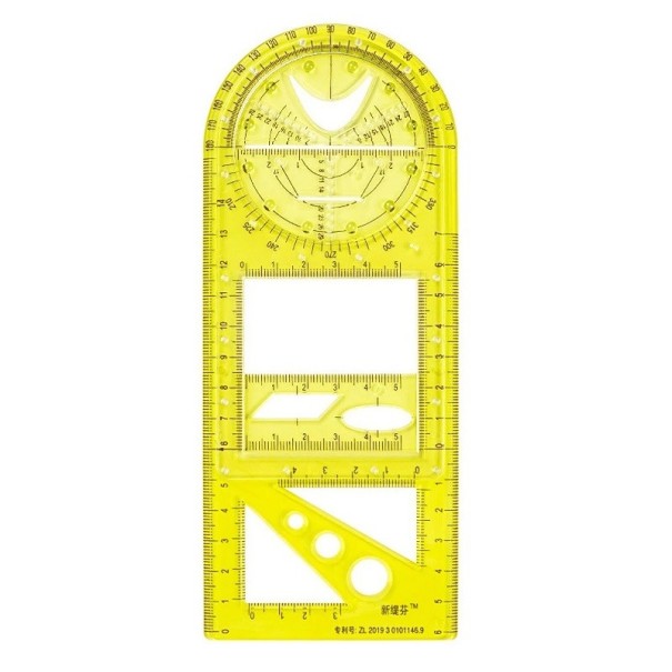 Regla de dibujo multifuncional geométrica Plantilla de dibujo para escolares Herramienta de medición y dibujo multifuncional amarillo