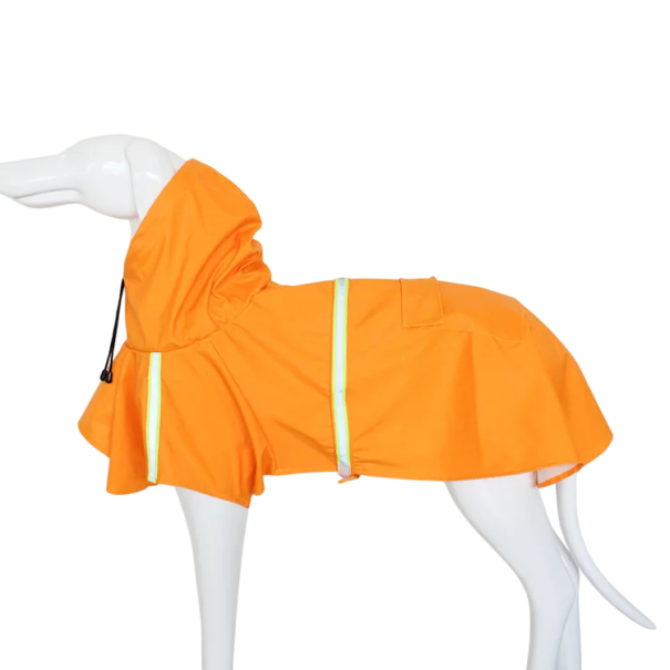Regnjakke til hunde 3–5 kg med hætte og reflekterende elementer Størrelse L 47 cm brystmål 35 cm længde Lomme med velcro Vandtæt tøj til hunde orange