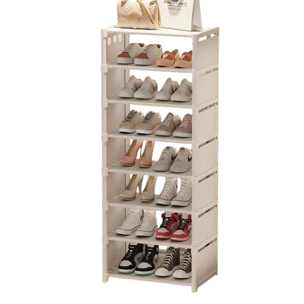 Regulowany wielowarstwowy organizer na buty Praktyczny stojak z 8 półkami oszczędzającymi miejsce Nowoczesny design Wymiary 107x42x26 cm biały
