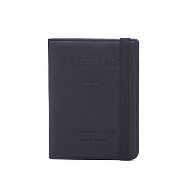 Reis etui voor paspoort en documenten met elastische band Etui van PU-leer met de tekst Passport en een vliegtuigmotief 14,6 x 11 x 1 cm zwart
