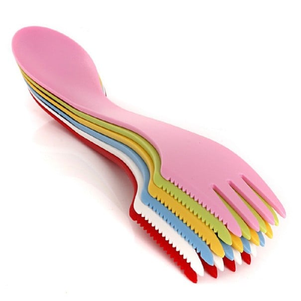 Reisebesteck 3in1 Löffel Gabel und Messer in einem Stück Set mit 6 Stück Beidseitiges Kunststoffbesteck mit einer Länge von 18 cm Für Reisen 1