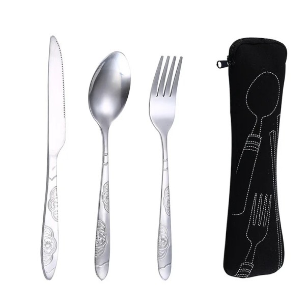 Reisebesteckset mit Etui Edelstahl Löffel Gabel Messer Tragbares Bestecketui mit Reißverschluss Picknick Campinggeschirr schwarz