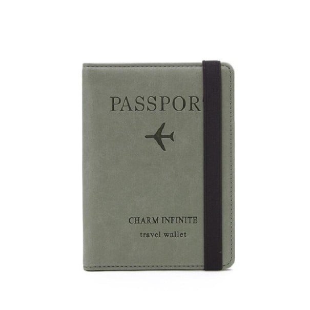 Reiseetui für Reisepass und Dokumente mit elastischem Riemen Etui aus PU-Leder mit dem Aufdruck Passport und Flugzeugmotiv 14,6 x 11 x 1 cm armeegrün