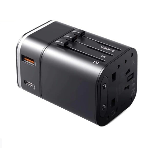 Rejseadapter med foldbare stik til EU, Storbritannien og USA Opladning via USB og USB-C Quick Charge 3.0 Effekt 18 W 1