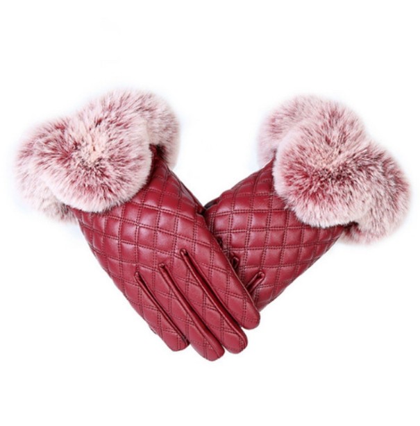 Rękawiczki skórzane damskie z futerkiem J1727 czerwony