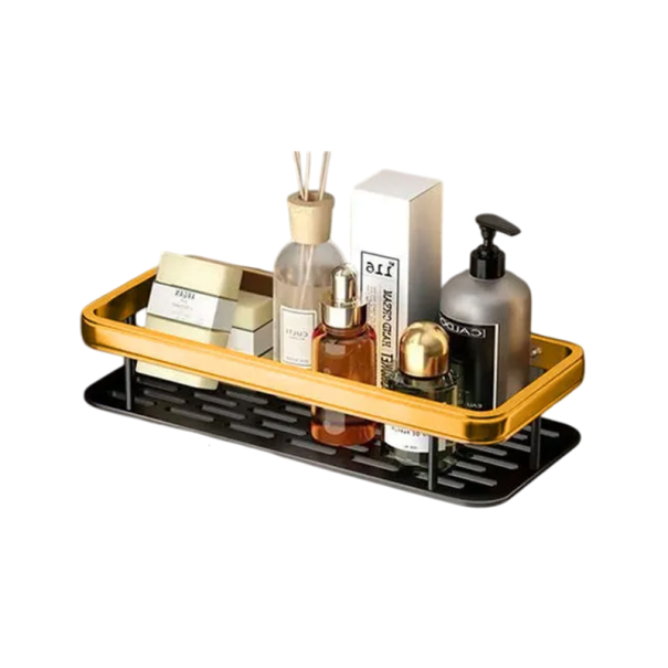 Rektangulær badeværelseshylde 30x13x5,5 cm selvklæbende brusehylde i rustfrit stål uden boring til kosmetik og tilbehør guld-sort