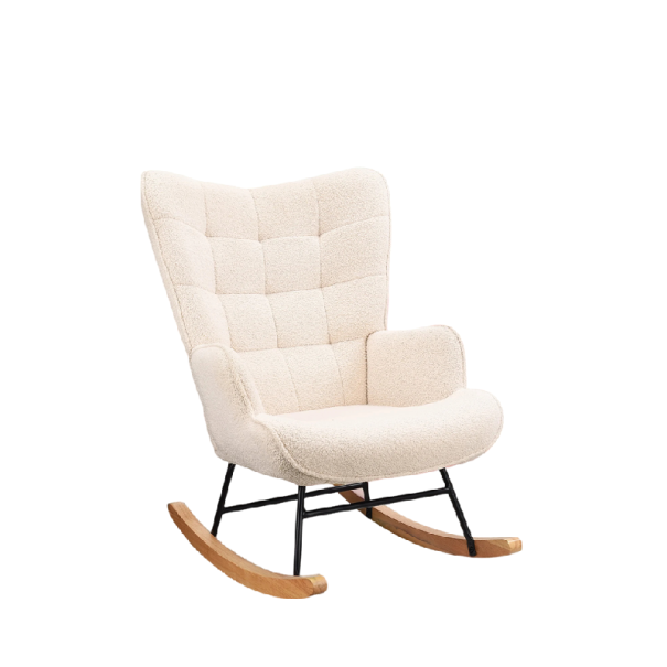 Relaxační houpací křeslo s plyšovým čalouněním a vysokým opěradlem 92x68 cm dřevěné ližiny a kovová konstrukce do ložnice i obývacího pokoje béžova