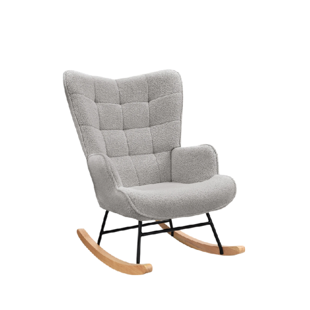 Relaxační houpací křeslo s plyšovým čalouněním a vysokým opěradlem 92x68 cm dřevěné ližiny a kovová konstrukce do ložnice i obývacího pokoje světle šedá