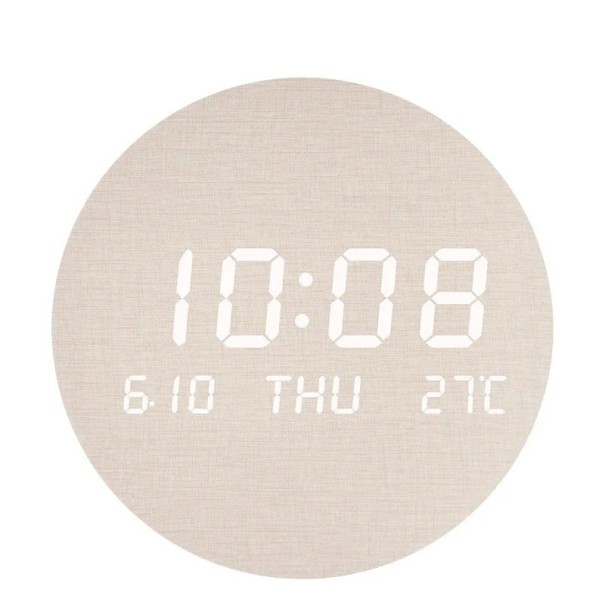 Relógio de parede digital LED temperatura data e hora 22 x 20,5 x 3,5 cm para interiores modernos castanho claro