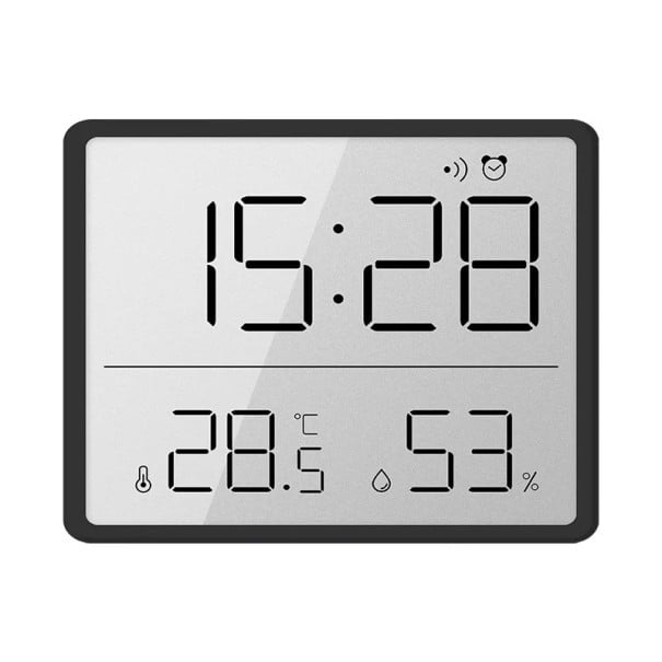 Relógio mini digital com termómetro e higrómetro 9,3 x 7,3 x 1,5 cm Alarme Parte traseira magnética Formato 12/24h Data Hora Temperatura preto