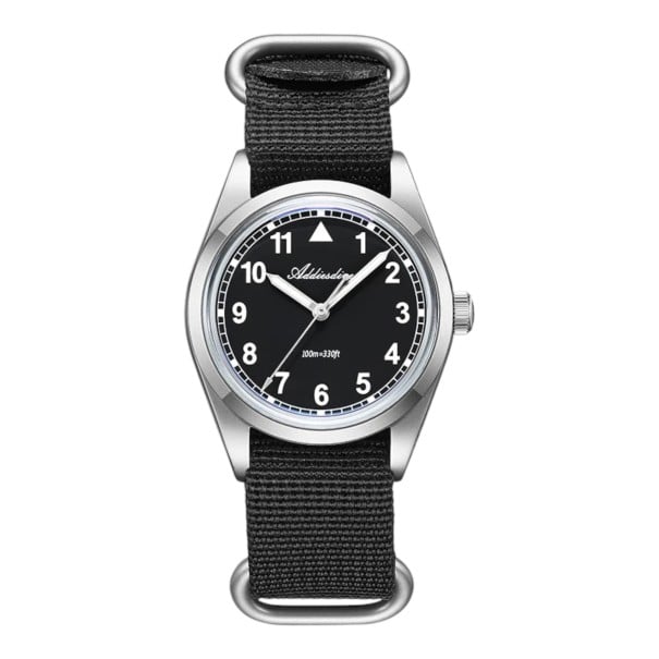 Relógios de homem com números árabes Pulseira de nylon À prova de água 100 m Caixa de 36 mm Aço inoxidável escovado 316L preto