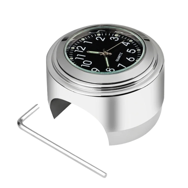 Reloj de motocicleta resistente al agua con esfera que brilla en la oscuridad, accesorios para manillar de 22-25 mm, reloj de motocicleta con llave de batería y silenciador. negro