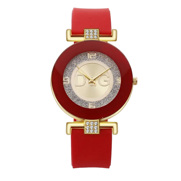 Reloj de mujer con decoración dorada. rojo