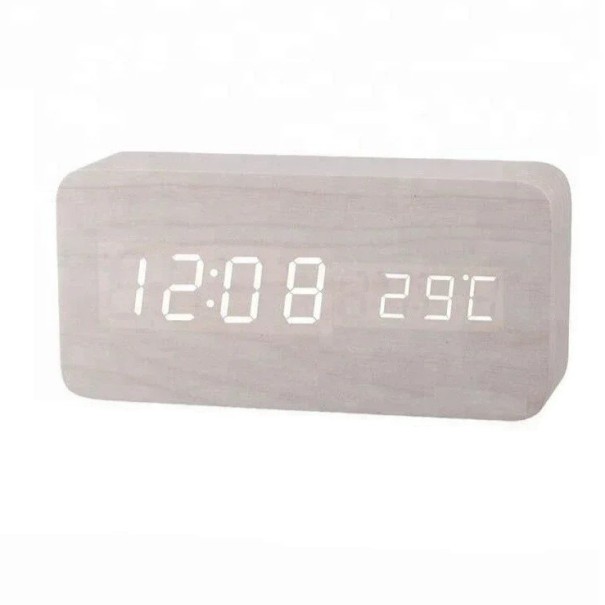 Reloj despertador digital LED de madera con 3 alarmas, alimentación por USB y batería, termómetro, control por voz, 3 niveles de brillo, 12/24 h, 15,5 x 7 x 4 cm blanco