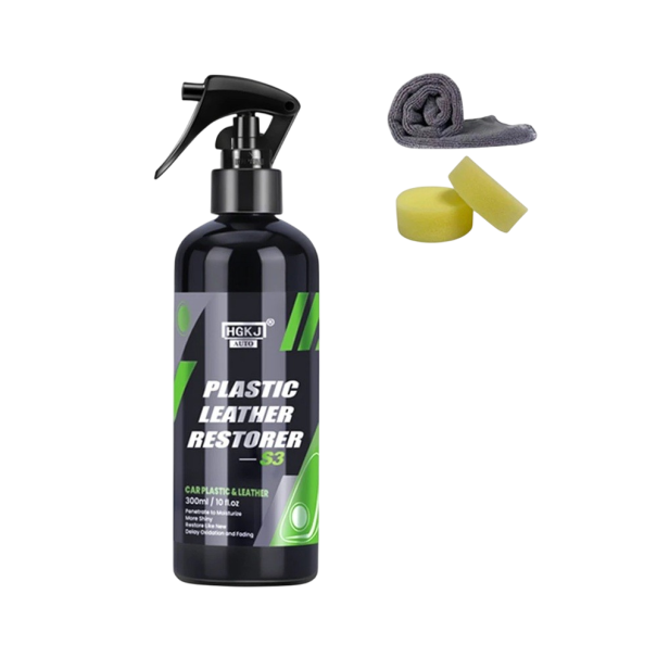 Rénovateur et nettoyant pour plastiques, cuir et caoutchouc 300 ml avec 2 éponges et un chiffon Autocosmétique Nettoyage intérieur de voiture Entretien des plastiques et du cuir 1