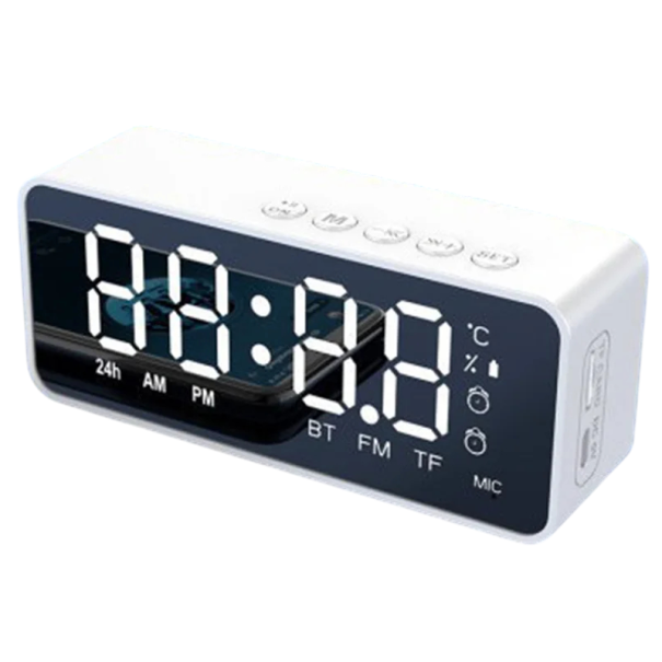 Reproductor Bluetooth wireless G50 cu radio FM, ceas deșteptător și display oglindă Control vocal și suport pentru card de memorie alb